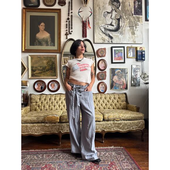 Slouch Gray Linen Wide Leg Casual Pants w Drawstring Ladies Size S/M - Picture 2 of 8